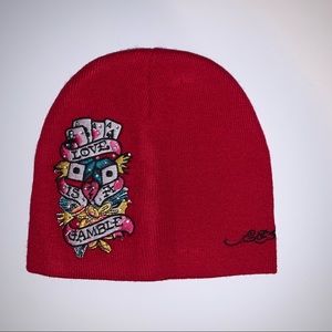 Ed Hardy Red Bedazzled Knit Beanie “Love Is A Gamble” Embroidery